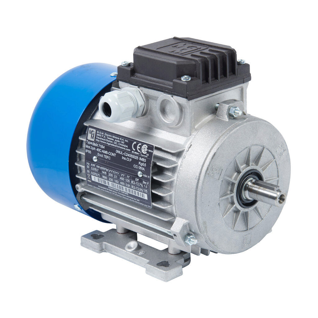 0NUL - M.G.M. Electric Motors SMX IE2 high efficiency AC induction motor, general purpose and inverter rated, 1/2hp, 3-phase, 230/460 VAC, 1800rpm, TEFC, IEC 71 frame, aluminum, rigid base (B3) mount.
