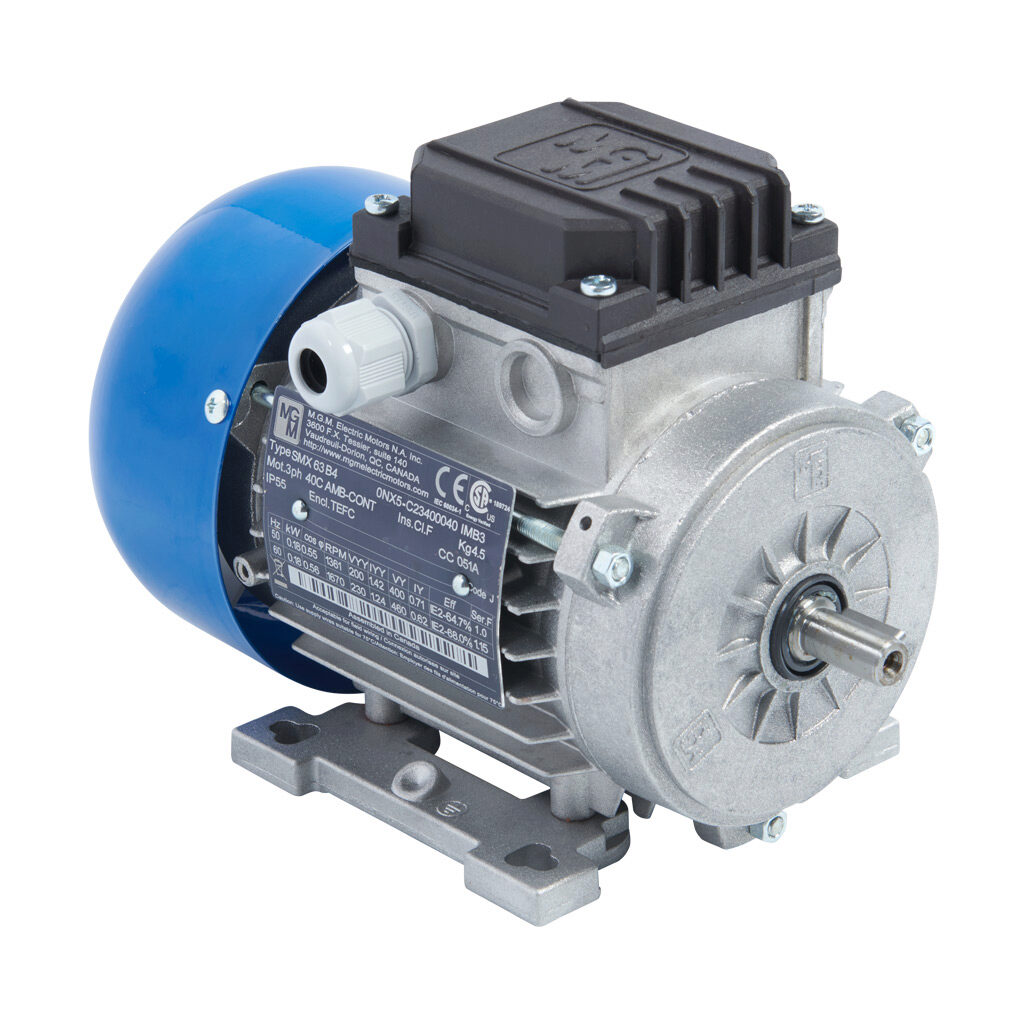 0NX5 - M.G.M. Electric Motors SMX IE2 high efficiency AC induction motor, general purpose and inverter rated, 1/4hp, 3-phase, 230/460 VAC, 1800rpm, TEFC, IEC 63 frame, aluminum, rigid base (B3) mount.