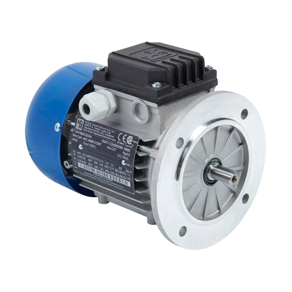 0NX7 - M.G.M. Electric Motors SMX IE2 high efficiency AC induction motor, general purpose and inverter rated, 1/4hp, 3-phase, 230/460 VAC, 1800rpm, TEFC, IEC 63 frame, aluminum, D-flange (B5) mount.