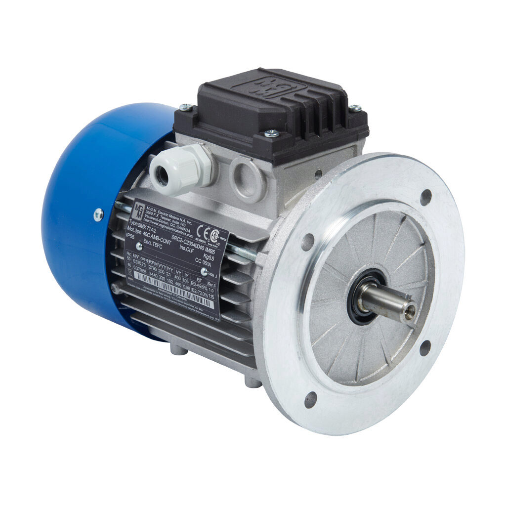 0RC2 - M.G.M. Electric Motors SMX IE2 high efficiency AC induction motor, general purpose and inverter rated, 1/2hp, 3-phase, 230/460 VAC, 3600rpm, TEFC, IEC 71 frame, aluminum, D-flange (B5) mount.