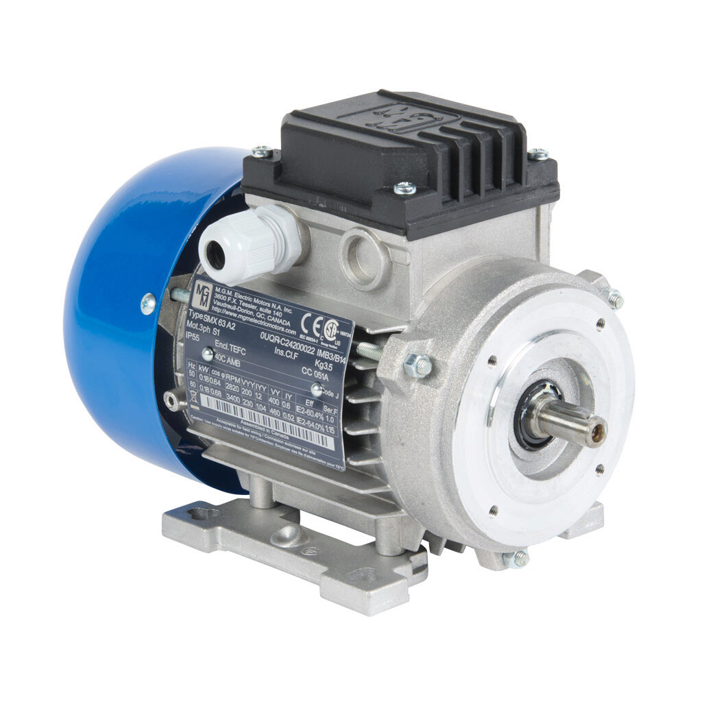 0UQR - M.G.M. Electric Motors SMX IE2 high efficiency AC induction motor, general purpose and inverter rated, 1/4hp, 3-phase, 230/460 VAC, 3600rpm, TEFC, IEC 63 frame, aluminum, C-face/removable rigid base (B34) mount.