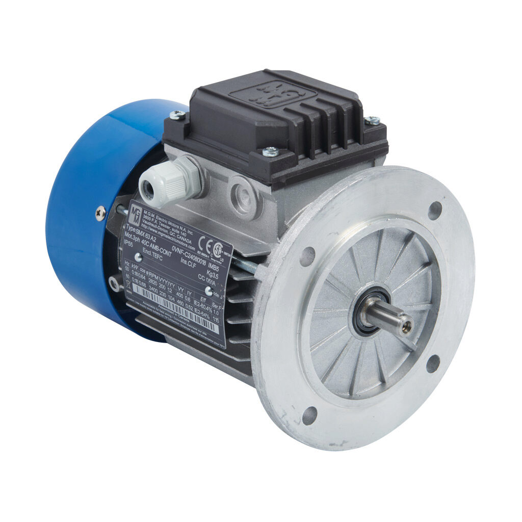 0VNF - M.G.M. Electric Motors SMX IE2 high efficiency AC induction motor, general purpose and inverter rated, 1/4hp, 3-phase, 230/460 VAC, 3600rpm, TEFC, IEC 63 frame, aluminum, D-flange (B5) mount.
