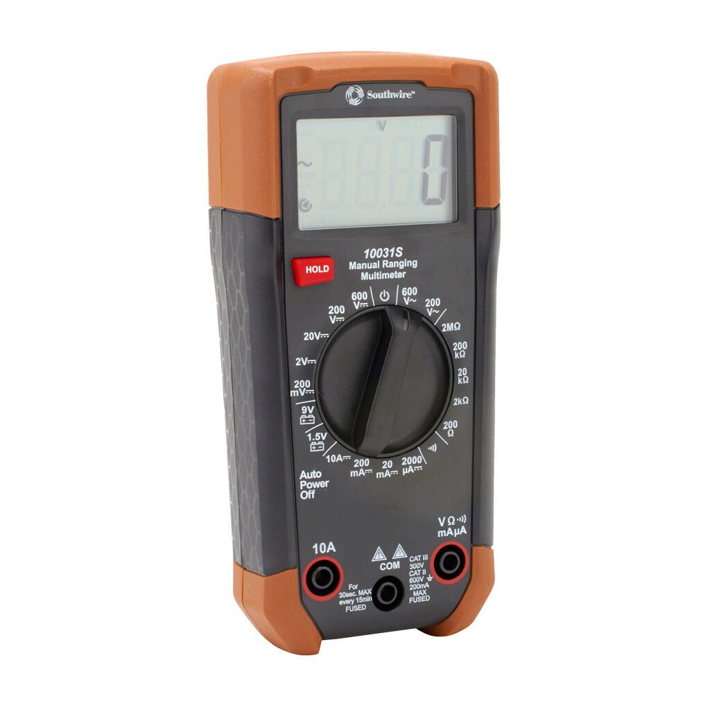 10031S - Southwire digital multimeter, AC/DC voltage, DC current, resistance, continuity and battery tester, CAT III 600V. Test leads included.