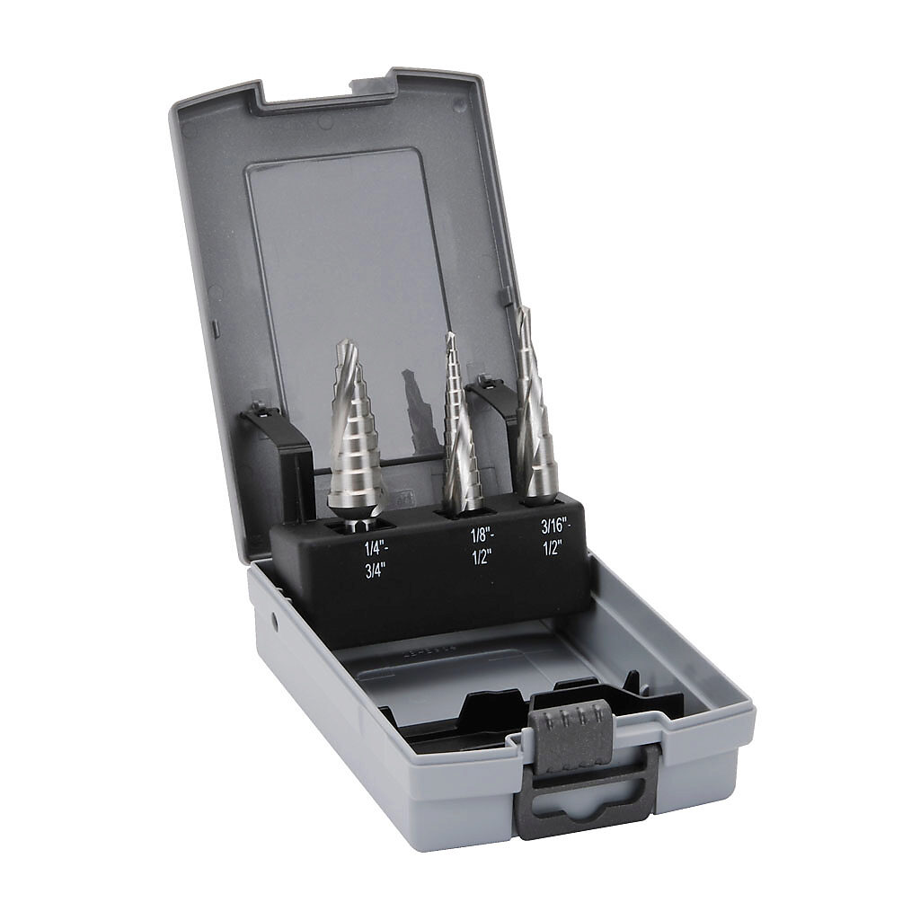 101026USERO - RUKO step drill bit set, 3 pieces, 5% cobalt high-speed steel (HSSE-Co5), 1/4in diameter 3-flat and 3/8in diameter 3-flat shank, size #1, #2 and #3, imperial, bright finish.