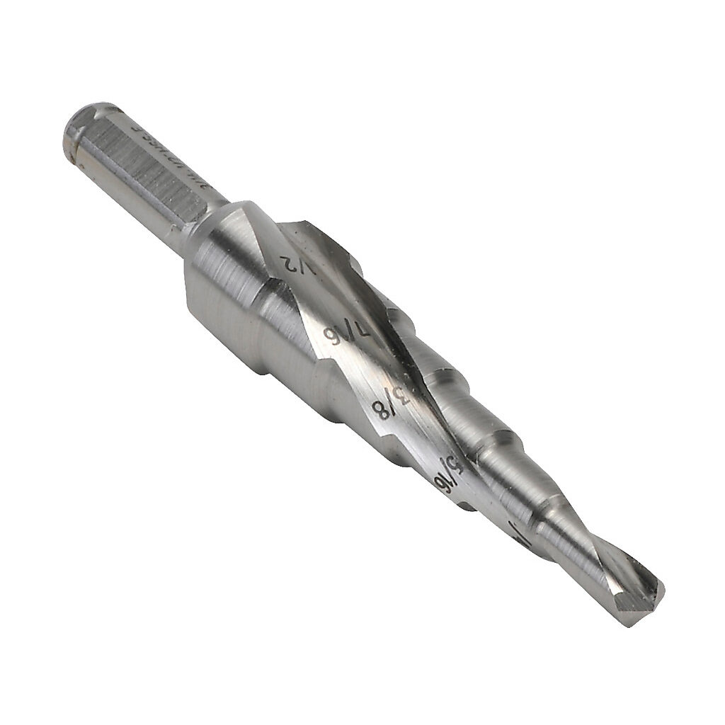 101701E - RUKO step drill bit, 6 steps, 3/16in, 1/4in, 5/16in, 3/8in, 7/16in and 1/2in, split point, 5% cobalt high-speed steel (HSSE-Co5), bright finish, 1/4in diameter 3-surface shank.