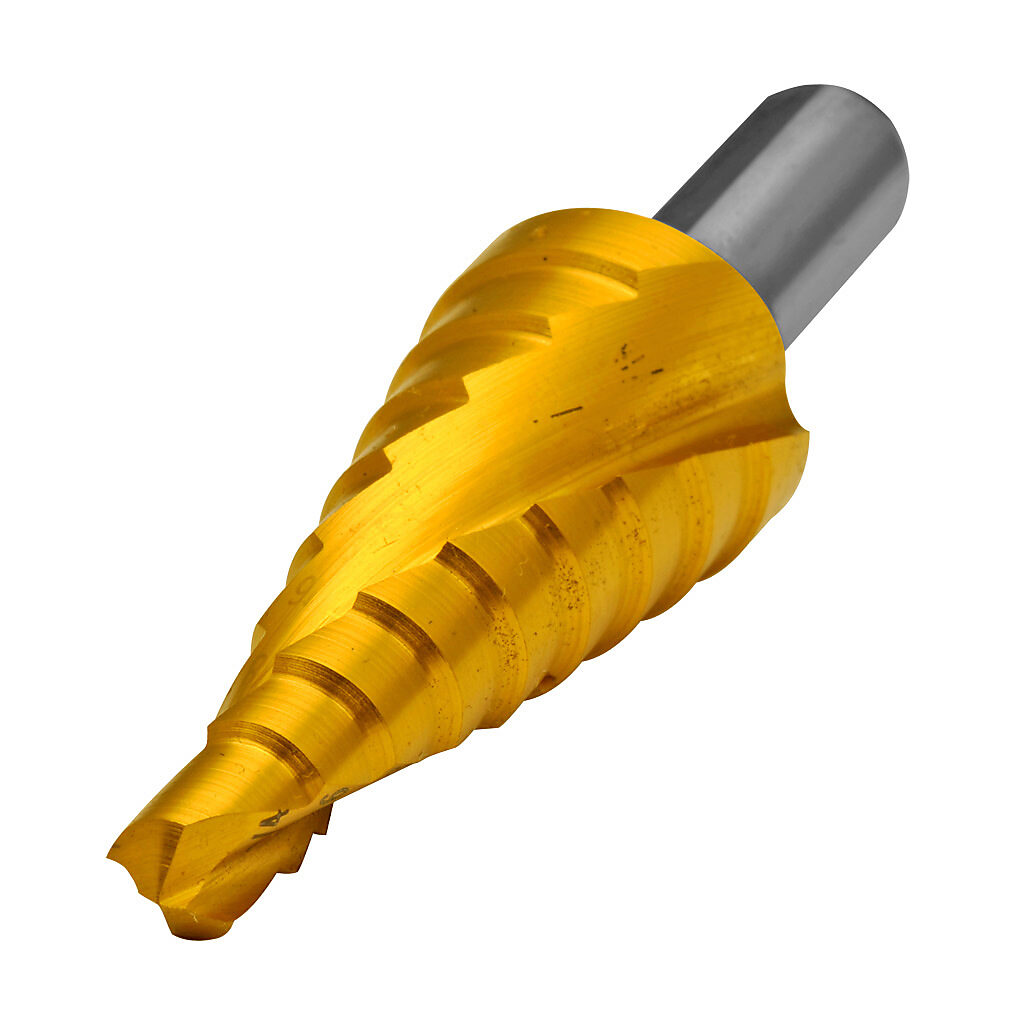 101703T - RUKO step drill bit, 9 steps, 1/4in, 5/16in, 3/8in, 7/16in, 1/2in, 9/16in, 5/8in, 11/16in and 3/4in, split point, high-speed steel (HSS), Titanium-Nitride (TiN) coated finish, 3/8in diameter 3-surface shank.