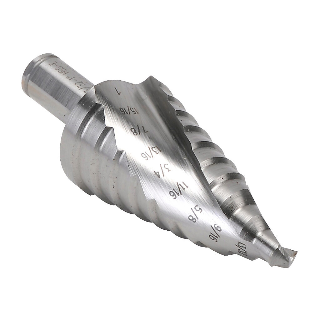 101705E - RUKO step drill bit, 9 steps, 13/32in, 9/16in, 5/8in, 11/16in, 3/4in, 13/16in, 7/8in, 15/16in and 1in, split point, 5% cobalt high-speed steel (HSSE-Co5), bright finish, 3/8in diameter 3-surface shank.