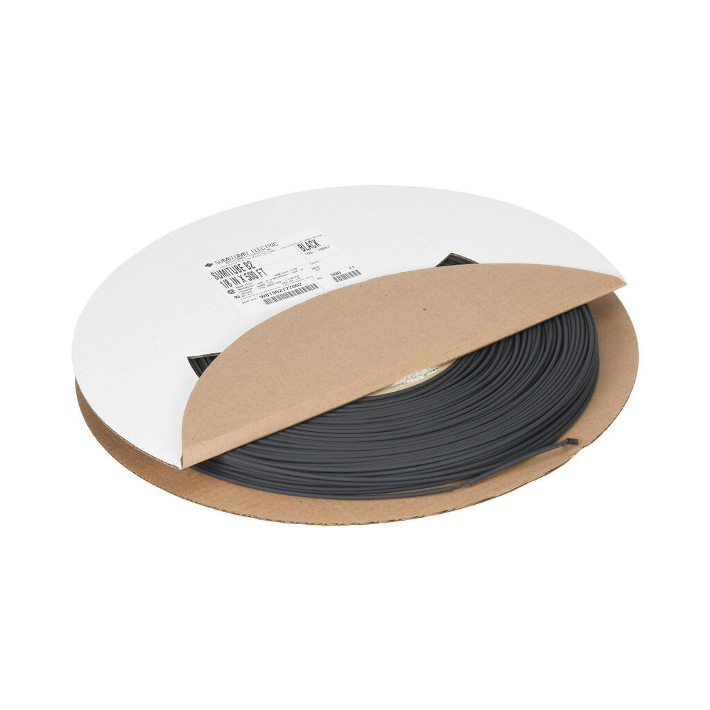 106-10067 - Sumitomo B2 heat shrink tubing, 1/8in trade size, 2:1 shrink ratio, single wall, flexible, black, flame retardant, UL 1581 VW-1, 500ft spool length.