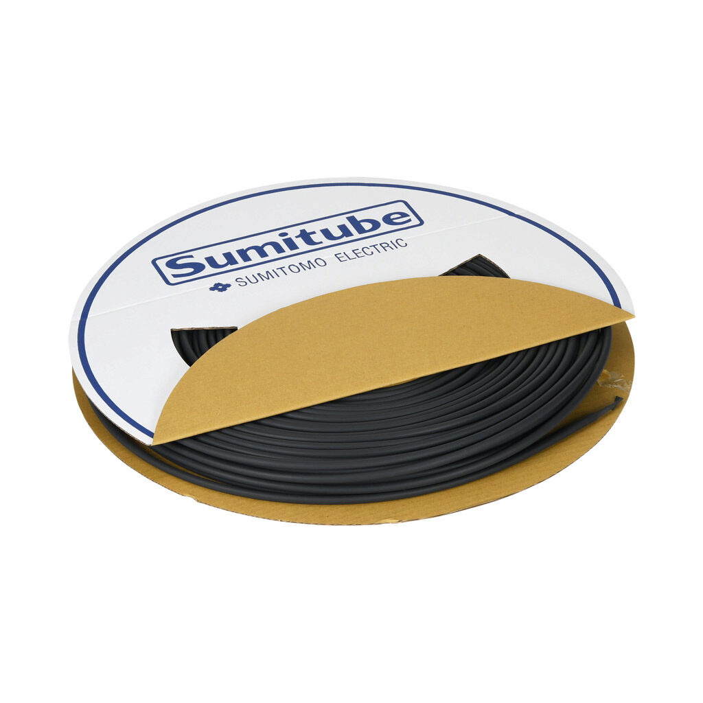 106-10121 - Sumitomo B2 heat shrink tubing, 1/4in trade size, 2:1 shrink ratio, single wall, flexible, black, flame retardant, UL 1581 VW-1, 200ft spool length.