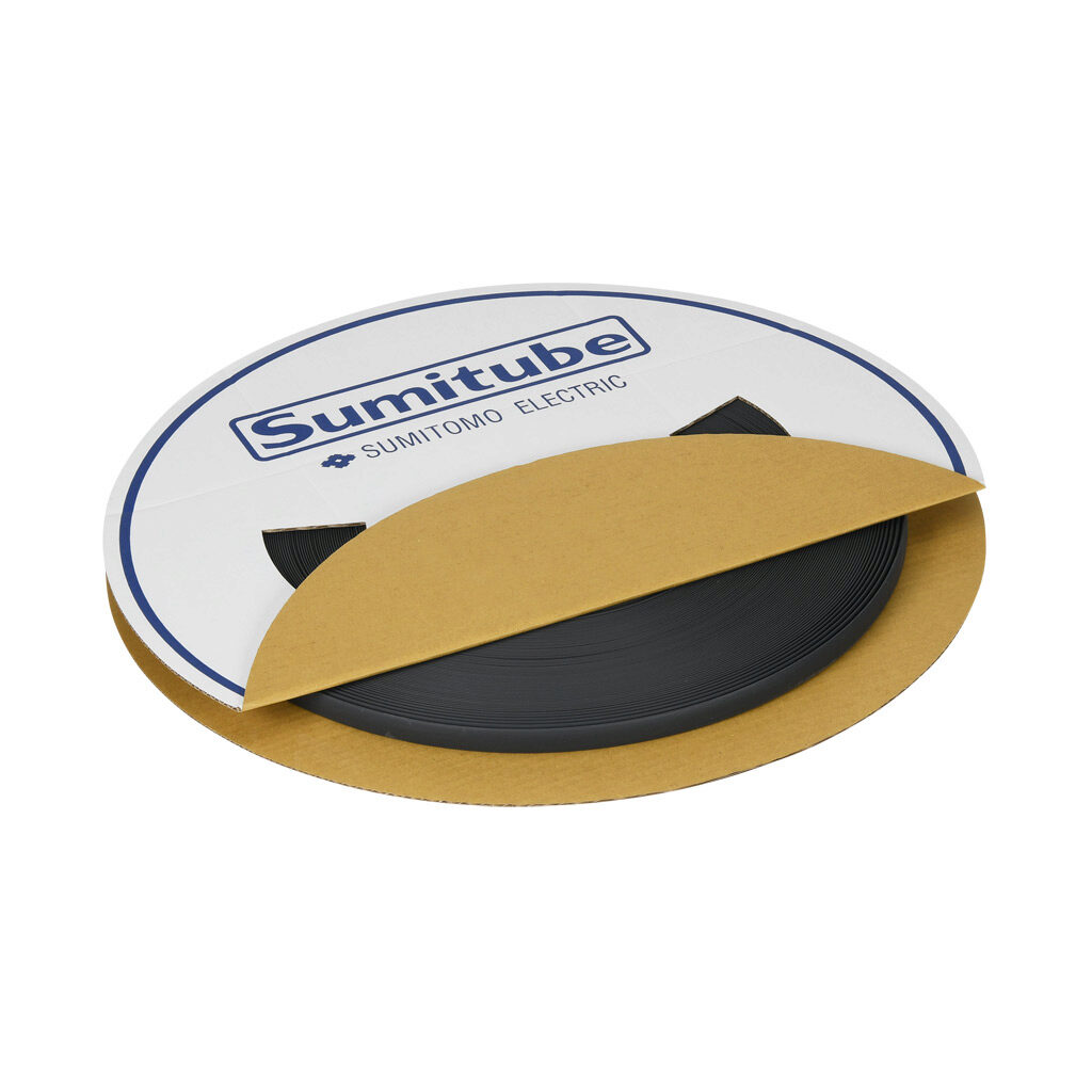 106-10145 - Sumitomo B2 heat shrink tubing, 3/8in trade size, 2:1 shrink ratio, single wall, flexible, black, flame retardant, UL 1581 VW-1, 200ft spool length.