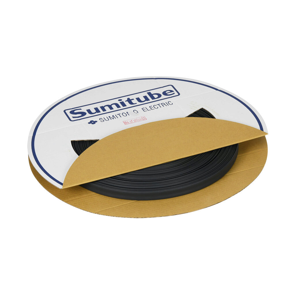 106-10171 - Sumitomo B2 heat shrink tubing, 1/2in trade size, 2:1 shrink ratio, single wall, flexible, black, flame retardant, UL 1581 VW-1, 200ft spool length.