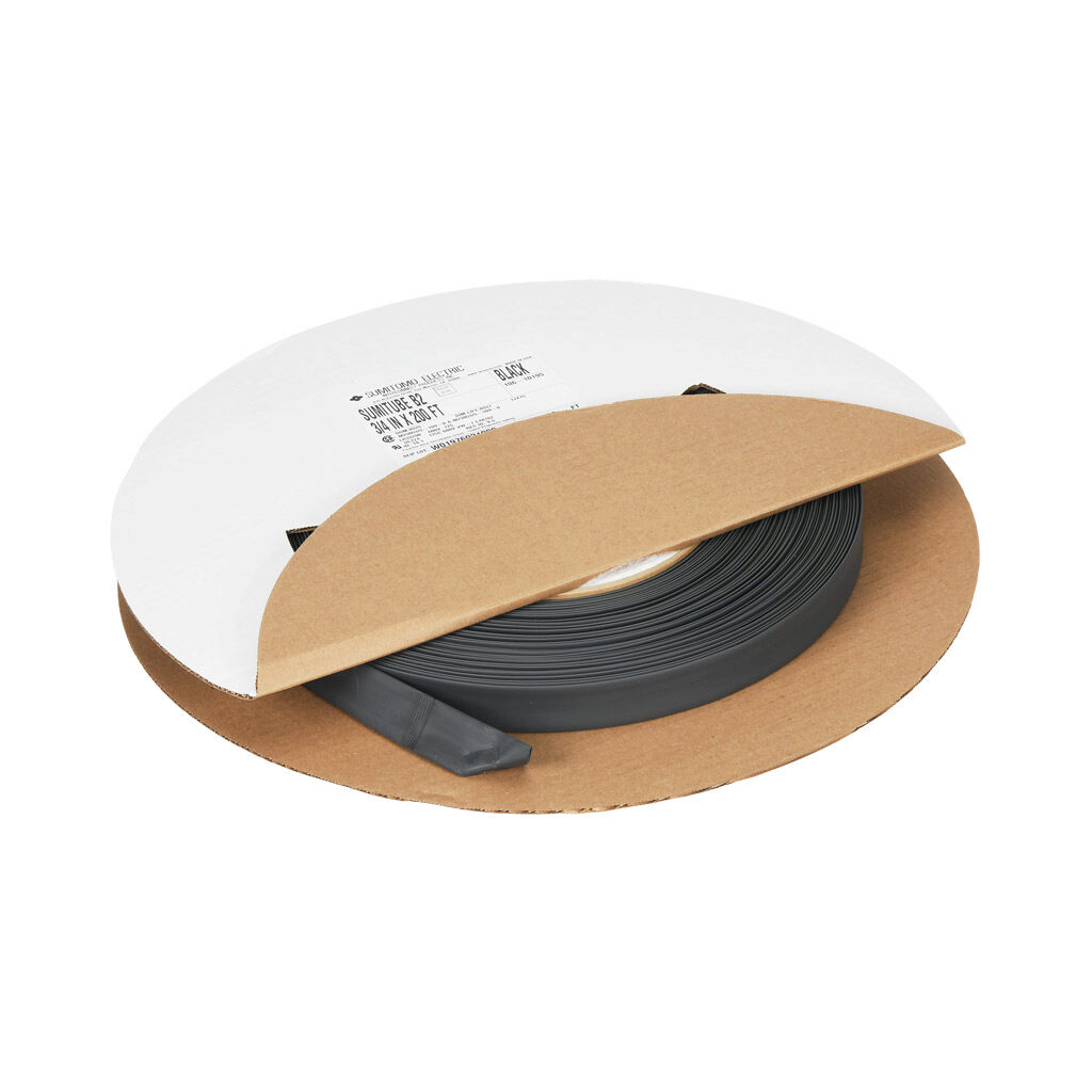 106-10195 - Sumitomo B2 heat shrink tubing, 3/4in trade size, 2:1 shrink ratio, single wall, flexible, black, flame retardant, UL 1581 VW-1, 200ft spool length.