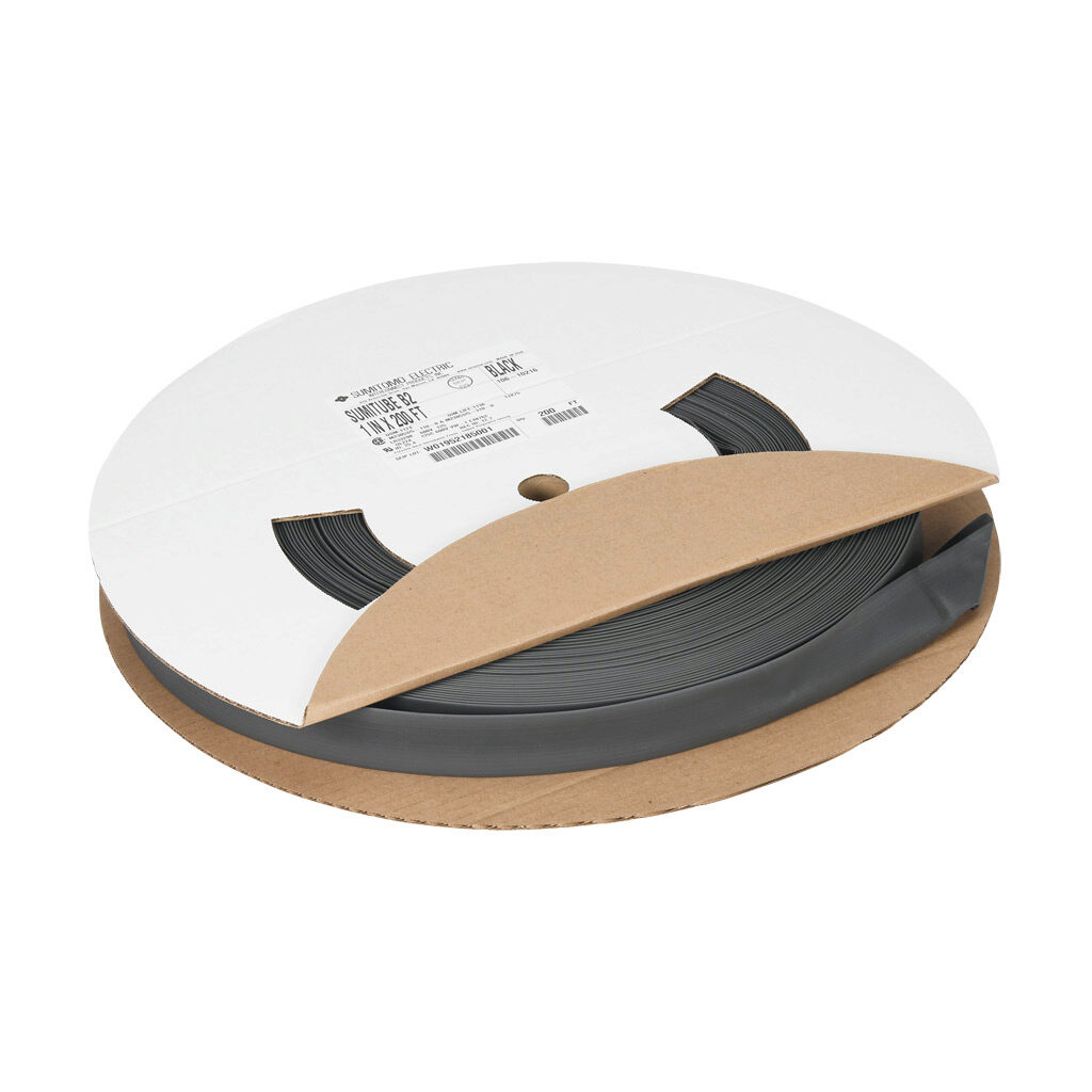 106-10216 - Sumitomo B2 heat shrink tubing, 1in trade size, 2:1 shrink ratio, single wall, flexible, black, flame retardant, UL 1581 VW-1, 200ft spool length.