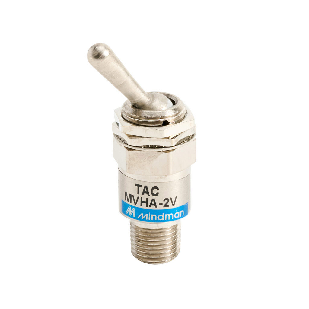 106002001021004 - Mindman pneumatic manual valve, 2-port (2-way), 2-position, toggle style actuator, detented, R1/8 male BSPT inlet(s), M5 x 0.8 female ISO outlet(s), Cv=0.1, through panel mount.