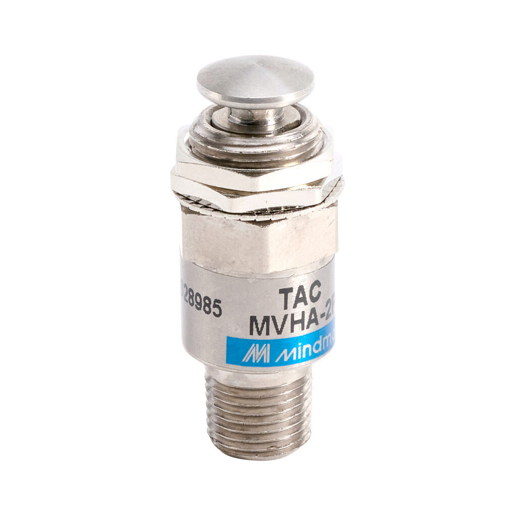 106002101021007 - Mindman pneumatic manual valve, 2-port (2-way), 2-position, N.C., pushbutton, spring return, R1/8 male BSPT inlet(s), M5 x 0.8 female ISO outlet(s), Cv=0.1, through panel mount.