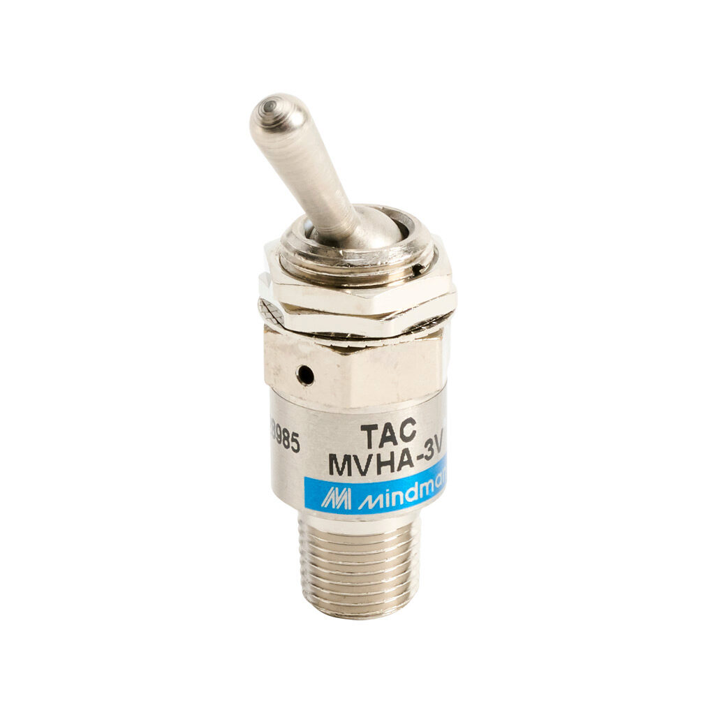 106003003021013 - Mindman pneumatic manual valve, 2-port (3-way), 2-position, toggle style actuator, detented, R1/8 male BSPT inlet(s), M5 x 0.8 female ISO outlet(s), vent hole exhaust(s), Cv=0.1, through panel mount.
