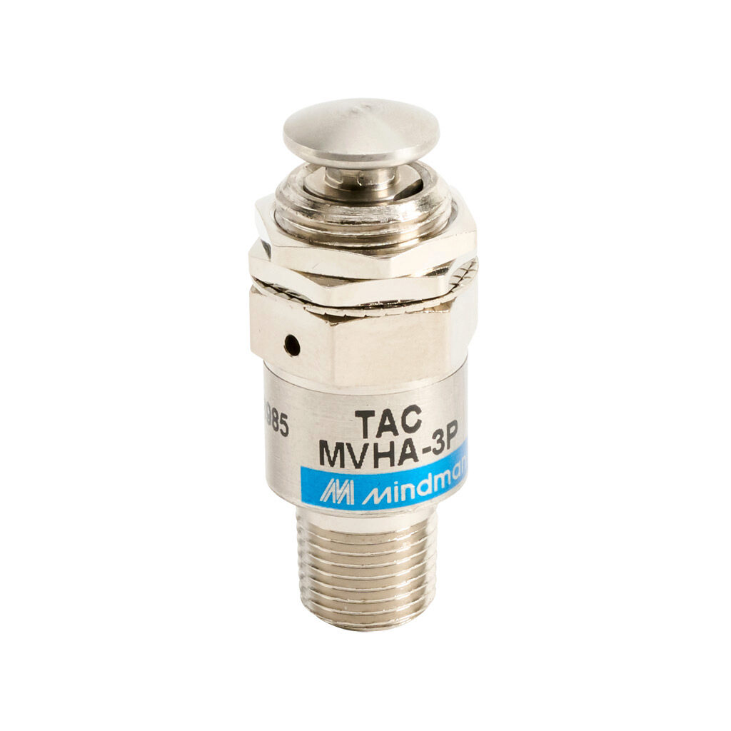 106003103021013 - Mindman pneumatic manual valve, 2-port (3-way), 2-position, N.C., pushbutton, spring return, R1/8 male BSPT inlet(s), M5 x 0.8 female ISO outlet(s), vent hole exhaust(s), Cv=0.1, through panel mount.