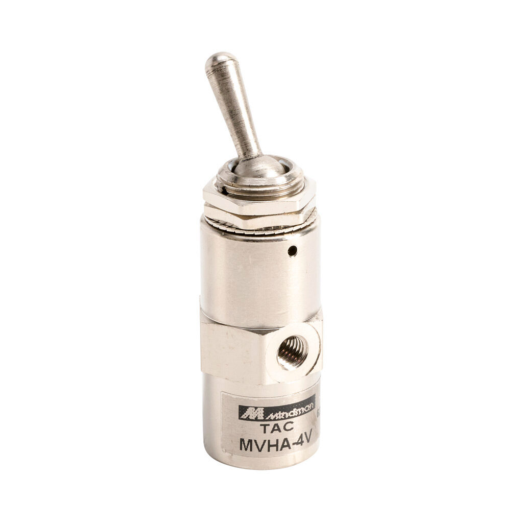 106004005021007 - Mindman pneumatic manual valve, 5-port (4-way), 2-position, toggle style actuator, detented, M5 x 0.8 female ISO inlet(s), (2) M5 x 0.8 female ISO outlet(s), vent hole exhaust(s), Cv=0.11, through panel mount.