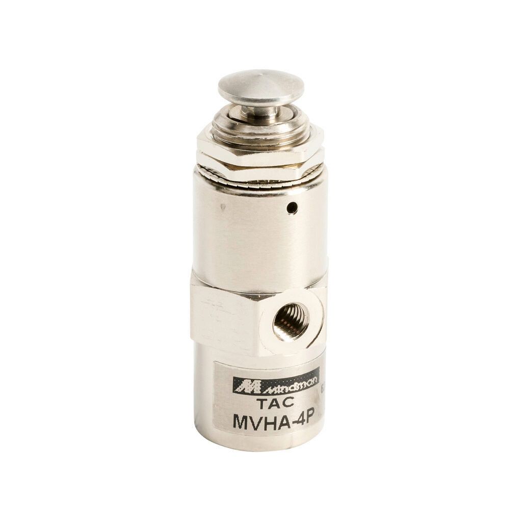 106004105021008 - Mindman pneumatic manual valve, 5-port (4-way), 2-position, pushbutton, spring return, M5 x 0.8 female ISO inlet(s), (2) M5 x 0.8 female ISO outlet(s), vent hole exhaust(s), Cv=0.11, through panel mount.