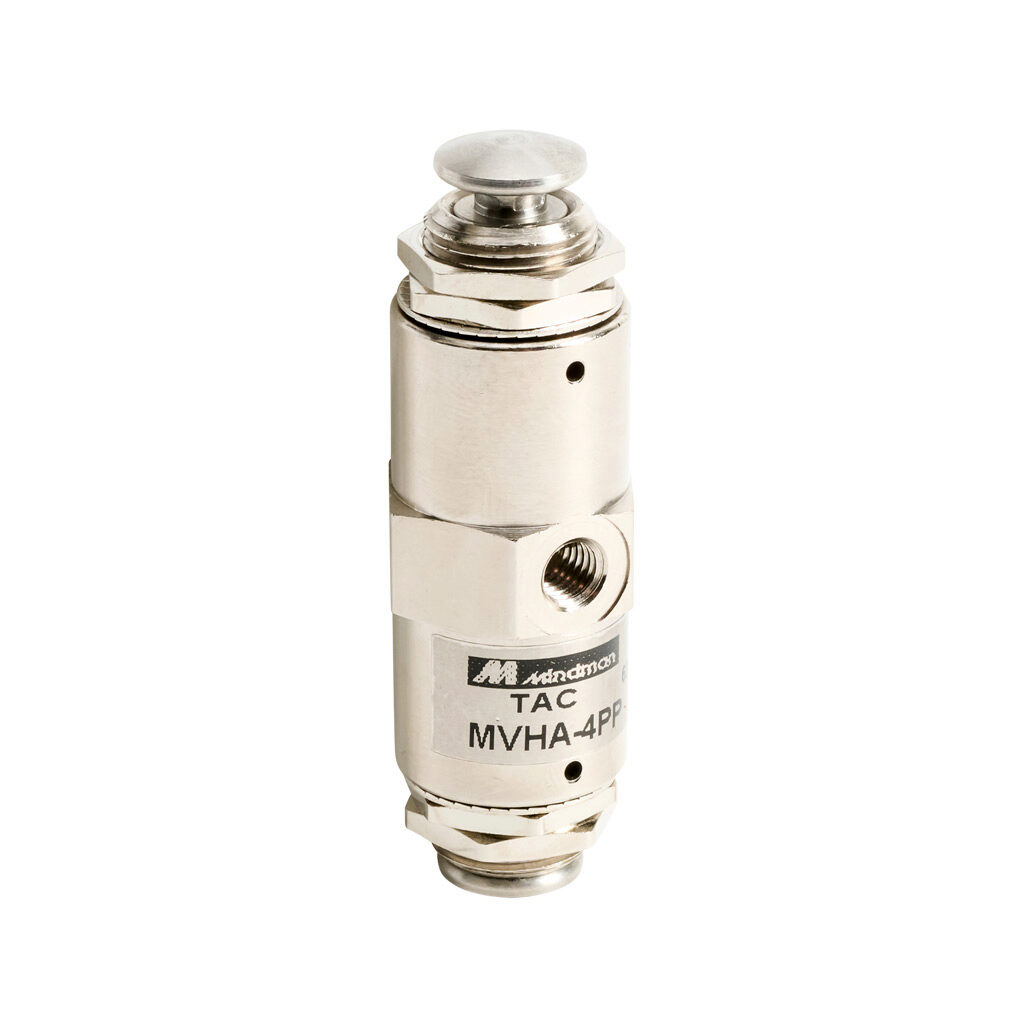 106004205021001 - Mindman pneumatic manual valve, 5-port (4-way), 2-position, double pushbutton, M5 x 0.8 female ISO inlet(s), (2) M5 x 0.8 female ISO outlet(s), vent hole exhaust(s), Cv=0.11, through panel mount.