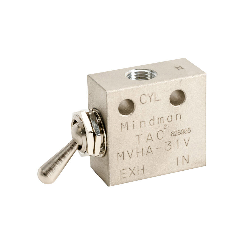 106031003034001 - Mindman pneumatic manual valve, 3-port (3-way), 2-position, toggle style actuator, detented, 1/8in female NPT inlet(s), 1/8in female NPT outlet(s), 1/8in female NPT exhaust(s), Cv=0.25, through panel mount.