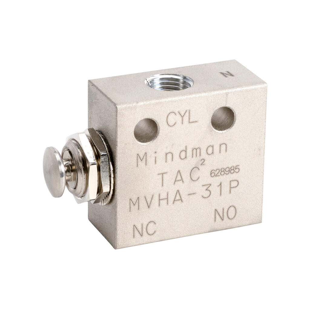 106031103034001 - Mindman pneumatic manual valve, 3-port (3-way), 2-position, N.O./N.C., pushbutton, spring return, 1/8in female NPT inlet(s), 1/8in female NPT outlet(s), 1/8in female NPT exhaust(s), Cv=0.25, through panel mount.