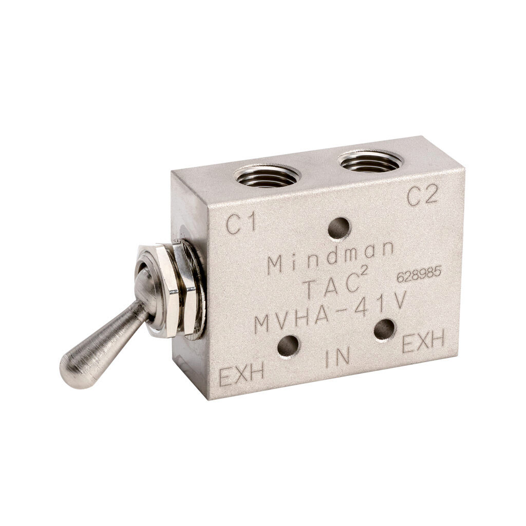 106041005034001 - Mindman pneumatic manual valve, 5-port (4-way), 2-position, toggle style actuator, detented, 1/8in female NPT inlet(s), (2) 1/8in female NPT outlet(s), (2) M5 x 0.8 female ISO exhaust(s), Cv=0.31, through panel mount.