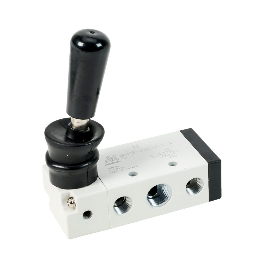 106122015044005 - Mindman pneumatic manual valve, 5-port (4-way), 2-position, 90 deg hand lever, detented, 1/4in female NPT inlet(s), (2) 1/4in female NPT outlet(s), (2) 1/8in female NPT exhaust(s), Cv=1.