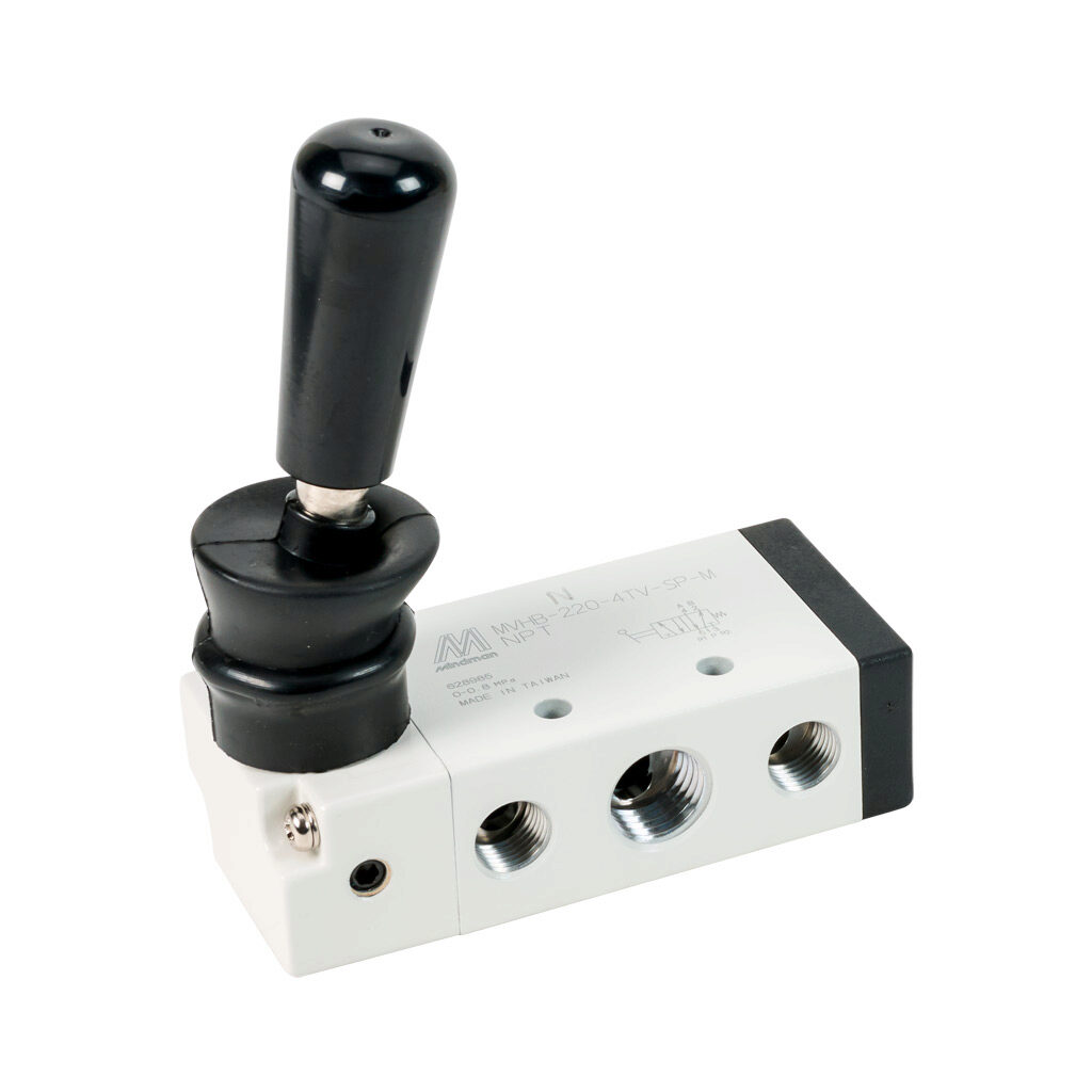 106122015144004 - Mindman pneumatic manual valve, 5-port (4-way), 2-position, 90 deg hand lever, spring return, 1/4in female NPT inlet(s), (2) 1/4in female NPT outlet(s), (2) 1/8in female NPT exhaust(s), Cv=1.