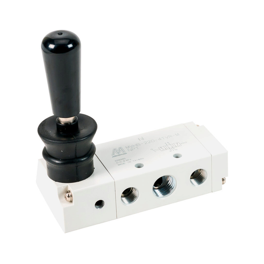 106122019044002 - Mindman pneumatic manual valve, 5-port (4-way), 3-position, center exhaust, 90 deg hand lever, detented, 1/4in female NPT inlet(s), (2) 1/4in female NPT outlet(s), (2) 1/8in female NPT exhaust(s), Cv=0.89.