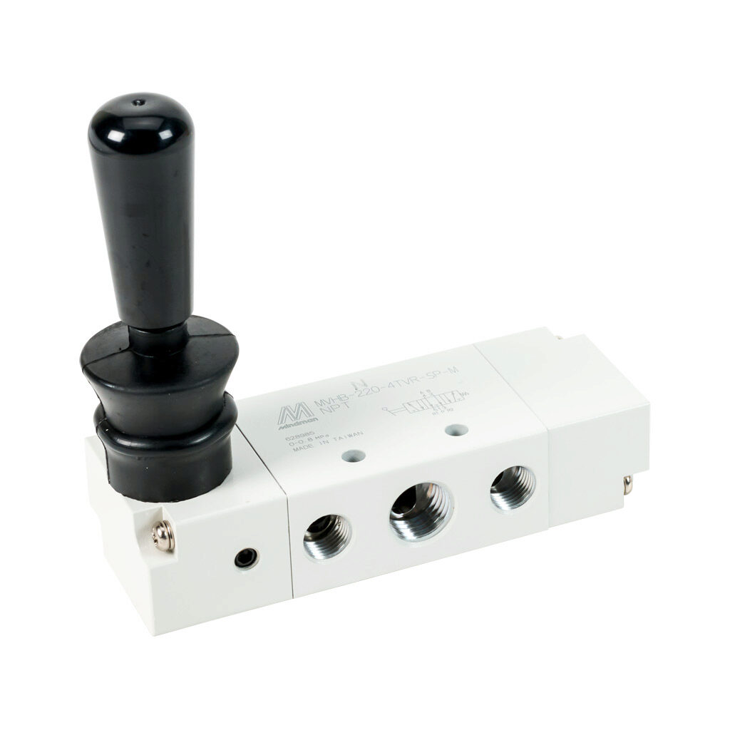 106122019144003 - Mindman pneumatic manual valve, 5-port (4-way), 3-position, center exhaust, 90 deg hand lever, spring return to center from right or left, 1/4in female NPT inlet(s), (2) 1/4in female NPT outlet(s), (2) 1/8in female NPT exhaust(s)...