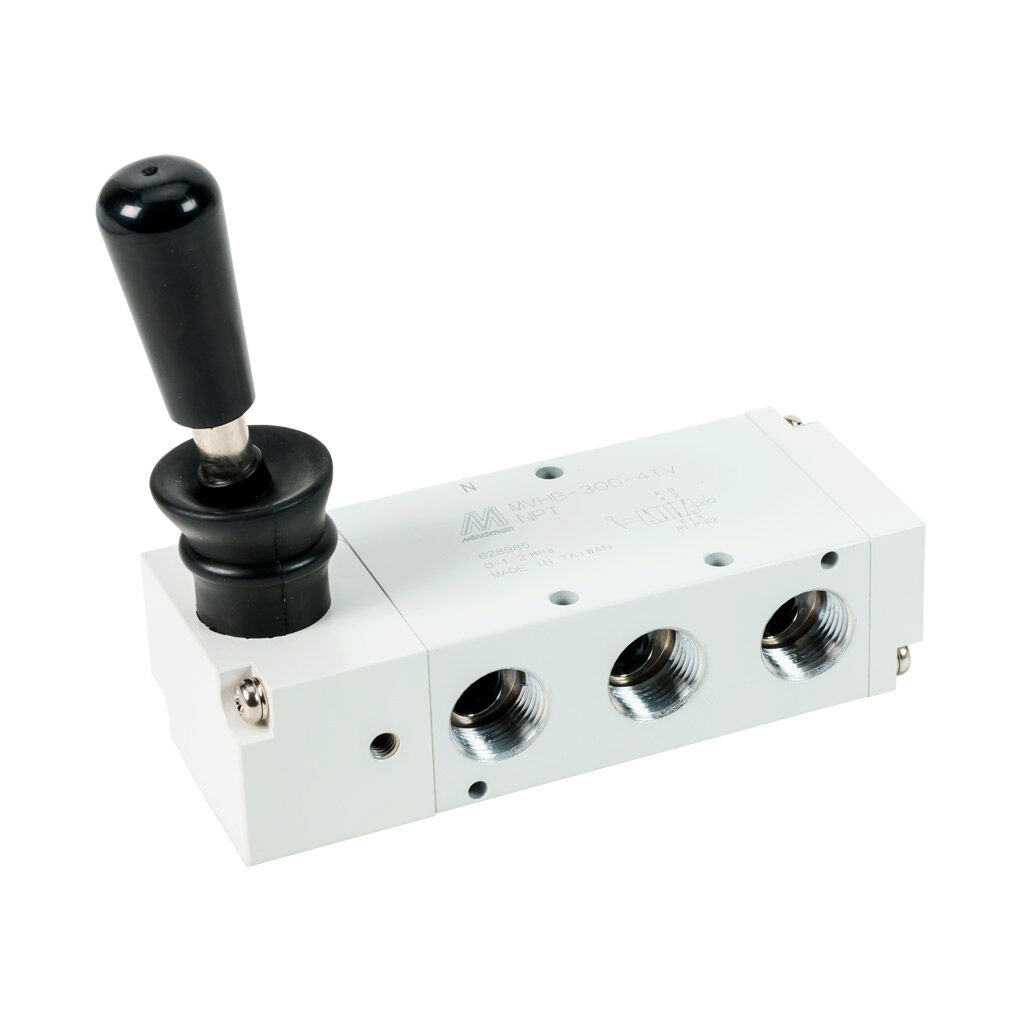 106130015054002 - Mindman pneumatic manual valve, 5-port (4-way), 2-position, 90 deg hand lever, detented, 3/8in female NPT inlet(s), (2) 3/8in female NPT outlet(s), (2) 3/8in female NPT exhaust(s), Cv=1.89.