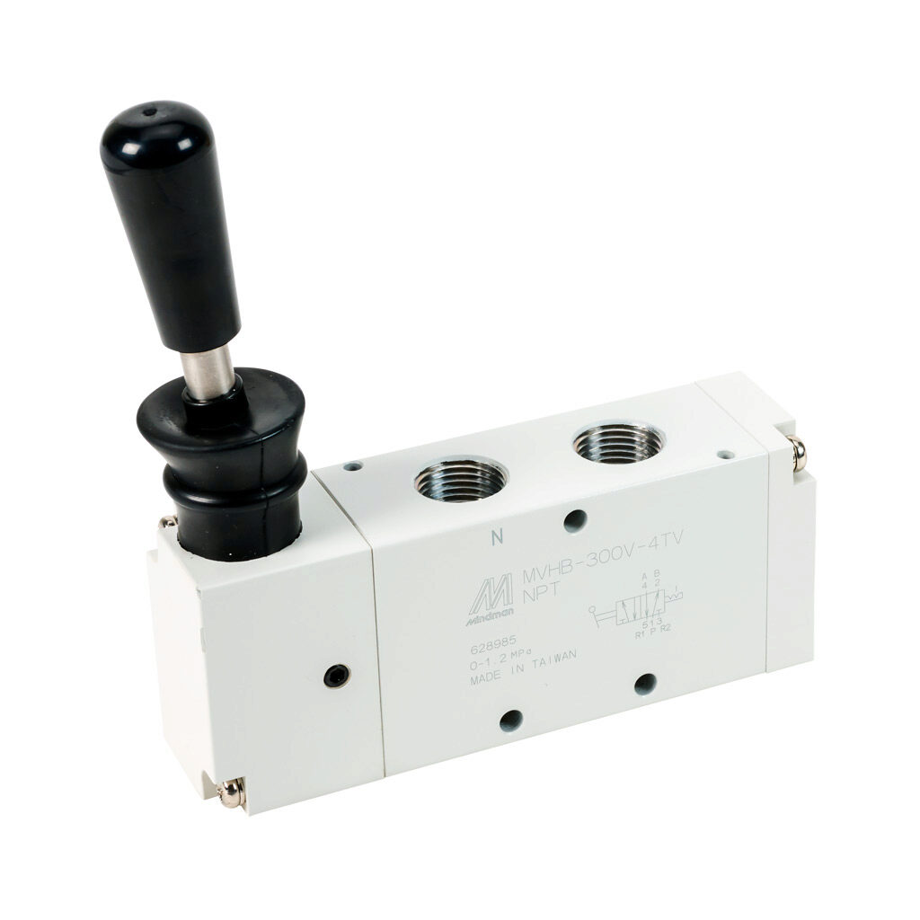 106130015254001 - Mindman pneumatic manual valve, 5-port (4-way), 2-position, vertical hand lever, detented, 3/8in female NPT inlet(s), (2) 3/8in female NPT outlet(s), (2) 3/8in female NPT exhaust(s), Cv=1.89, optional manifold mount.