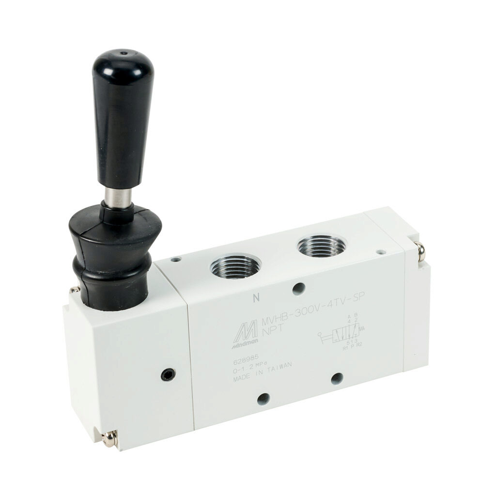 106130015454001 - Mindman pneumatic manual valve, 5-port (4-way), 2-position, vertical hand lever, spring return, 3/8in female NPT inlet(s), (2) 3/8in female NPT outlet(s), (2) 3/8in female NPT exhaust(s), Cv=1.89, optional manifold mount.