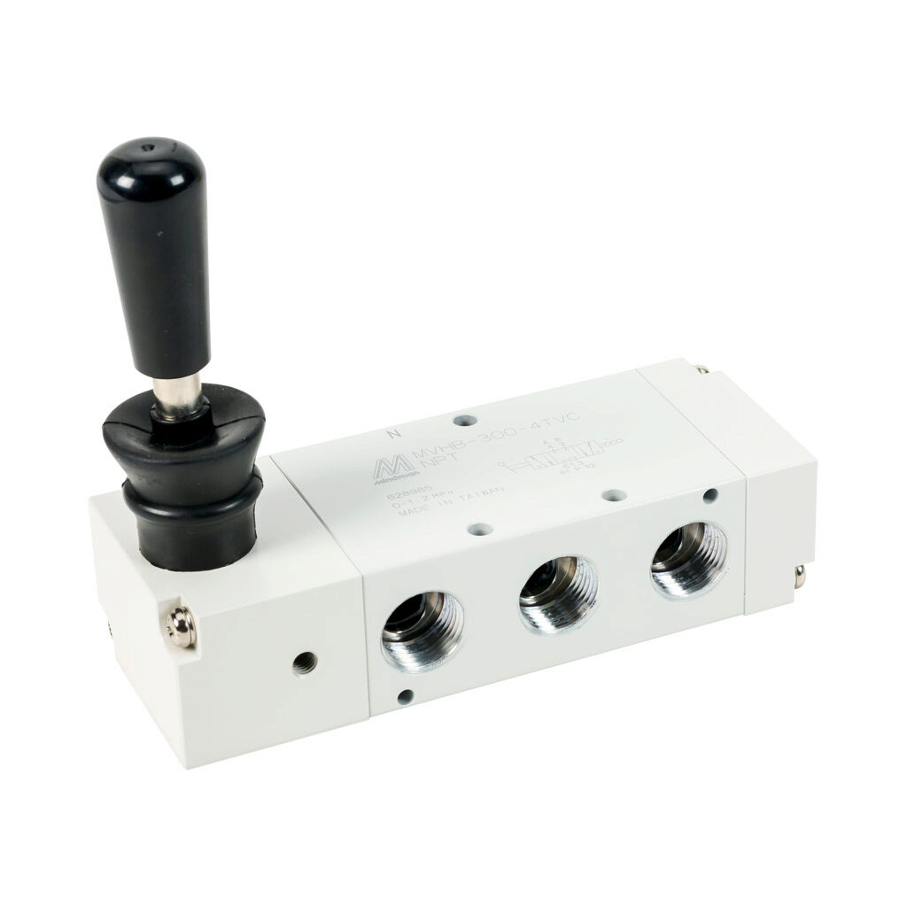 106130017054002 - Mindman pneumatic manual valve, 5-port (4-way), 3-position, center closed, 90 deg hand lever, detented, 3/8in female NPT inlet(s), (2) 3/8in female NPT outlet(s), (2) 3/8in female NPT exhaust(s), Cv=1.89.