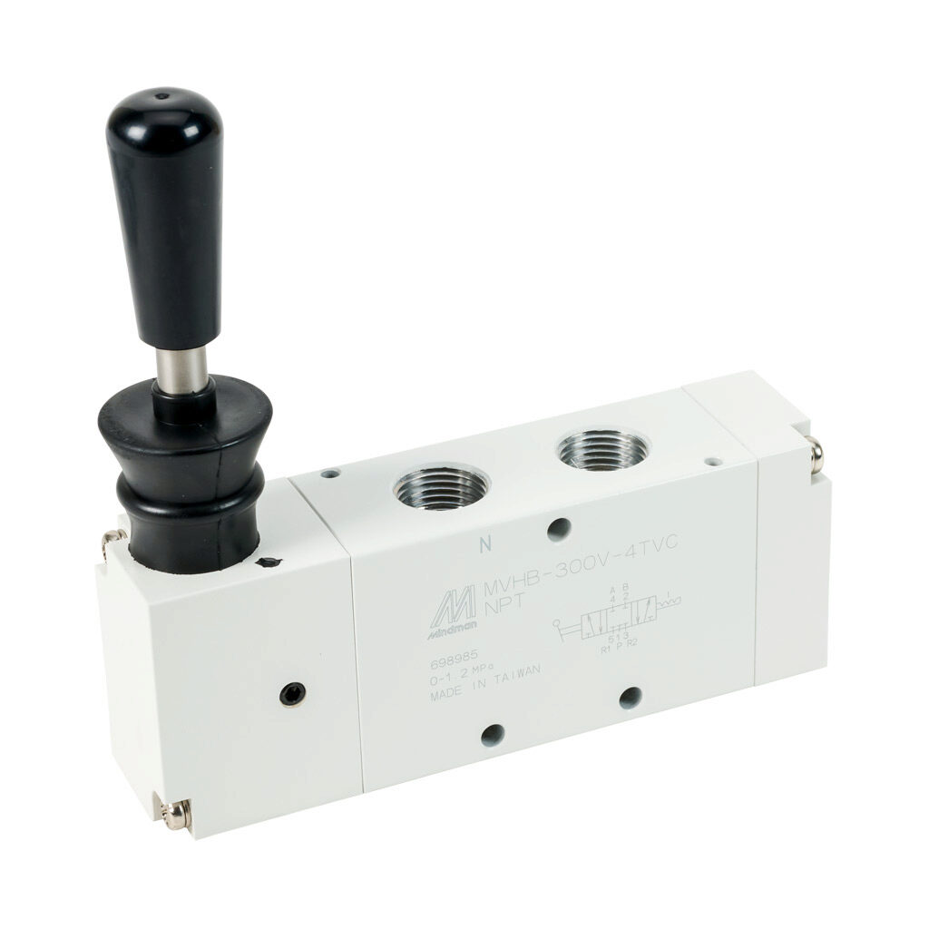 106130017054003 - Mindman pneumatic manual valve, 5-port (4-way), 3-position, center closed, vertical hand lever, detented, 3/8in female NPT inlet(s), (2) 3/8in female NPT outlet(s), (2) 3/8in female NPT exhaust(s), Cv=1.89, optional manifold mount.
