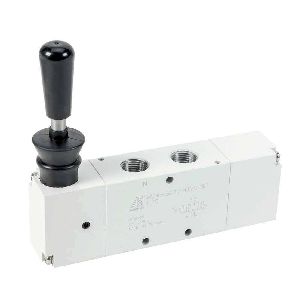 106130017154003 - Mindman pneumatic manual valve, 5-port (4-way), 3-position, center closed, vertical hand lever, spring return to center from right or left, 3/8in female NPT inlet(s), (2) 3/8in female NPT outlet(s), (2) 3/8in female NPT exhaust(s...