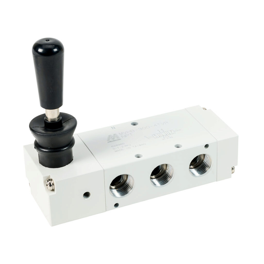 106130019054001 - Mindman pneumatic manual valve, 5-port (4-way), 3-position, center exhaust, 90 deg hand lever, detented, 3/8in female NPT inlet(s), (2) 3/8in female NPT outlet(s), (2) 3/8in female NPT exhaust(s), Cv=1.89.