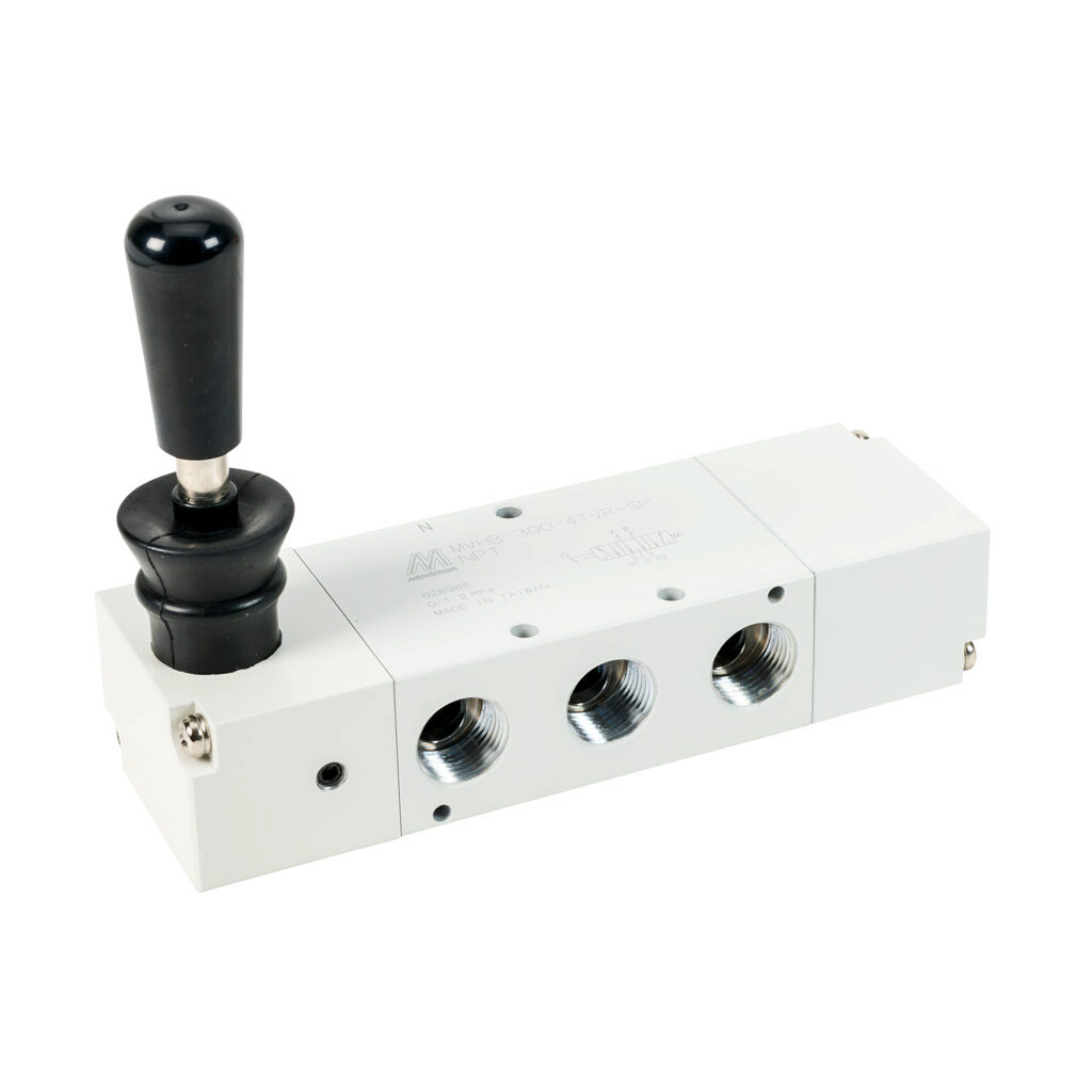106130019154003 - Mindman pneumatic manual valve, 5-port (4-way), 3-position, center exhaust, 90 deg hand lever, spring return to center from right or left, 3/8in female NPT inlet(s), (2) 3/8in female NPT outlet(s), (2) 3/8in female NPT exhaust(s)...