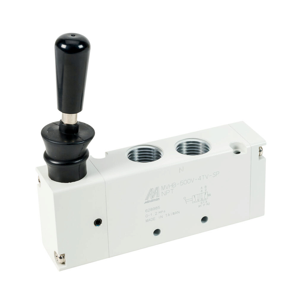 106150015164003 - Mindman pneumatic manual valve, 5-port (4-way), 2-position, vertical hand lever, spring return, 1/2in female NPT inlet(s), (2) 1/2in female NPT outlet(s), (2) 1/2in female NPT exhaust(s), Cv=2.28, optional manifold mount.