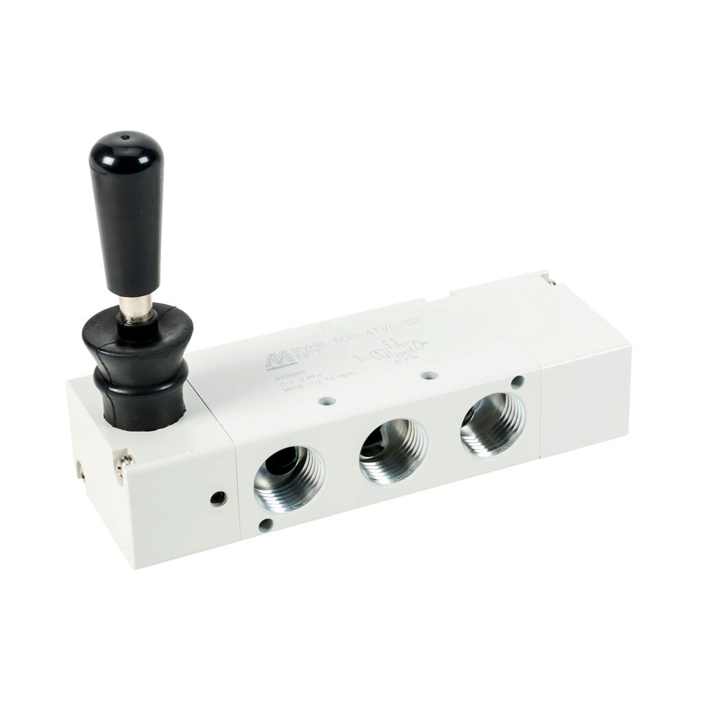 106150017164008 - Mindman pneumatic manual valve, 5-port (4-way), 3-position, center closed, 90 deg hand lever, spring return to center from right or left, 1/2in female NPT inlet(s), (2) 1/2in female NPT outlet(s), (2) 1/2in female NPT exhaust(s),...