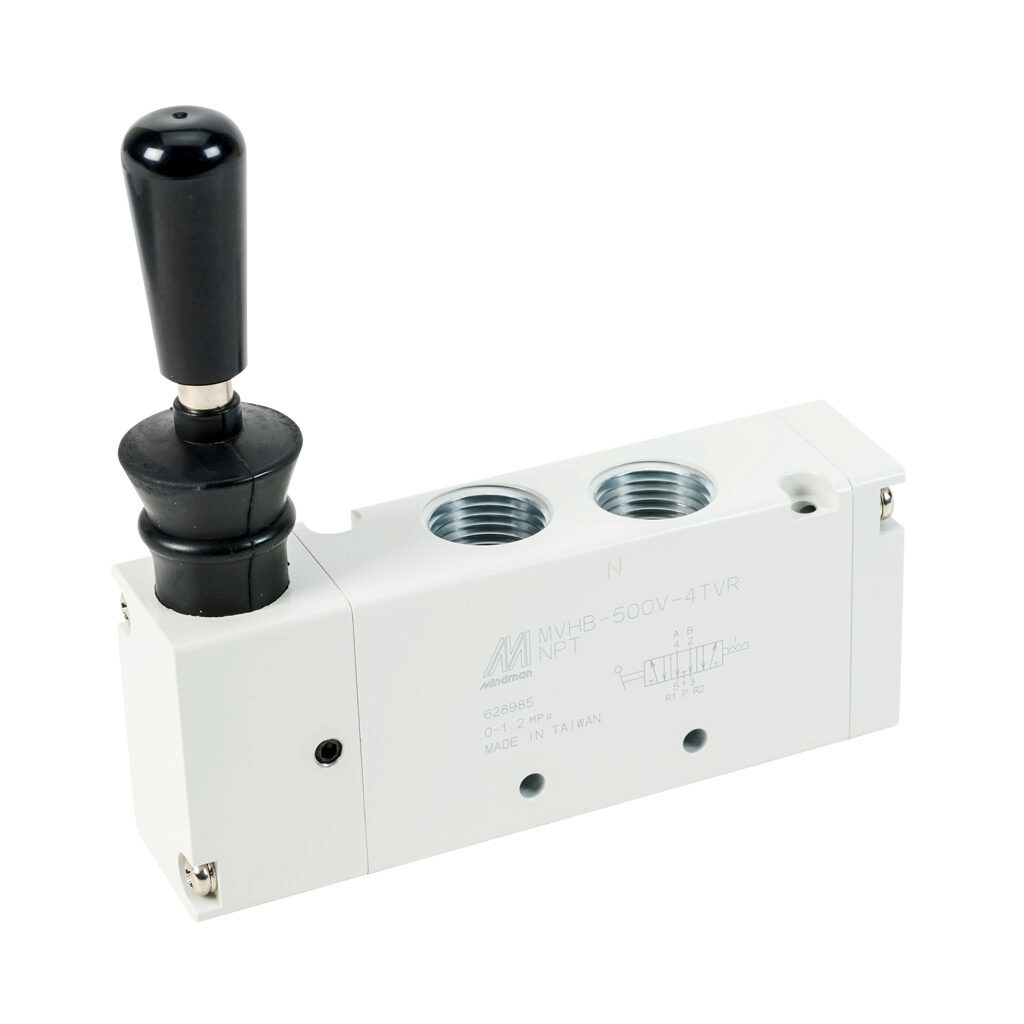 106150019064002 - Mindman pneumatic manual valve, 5-port (4-way), 3-position, center exhaust, vertical hand lever, detented, 1/2in female NPT inlet(s), (2) 1/2in female NPT outlet(s), (2) 1/2in female NPT exhaust(s), Cv=2.28, optional manifold mount.