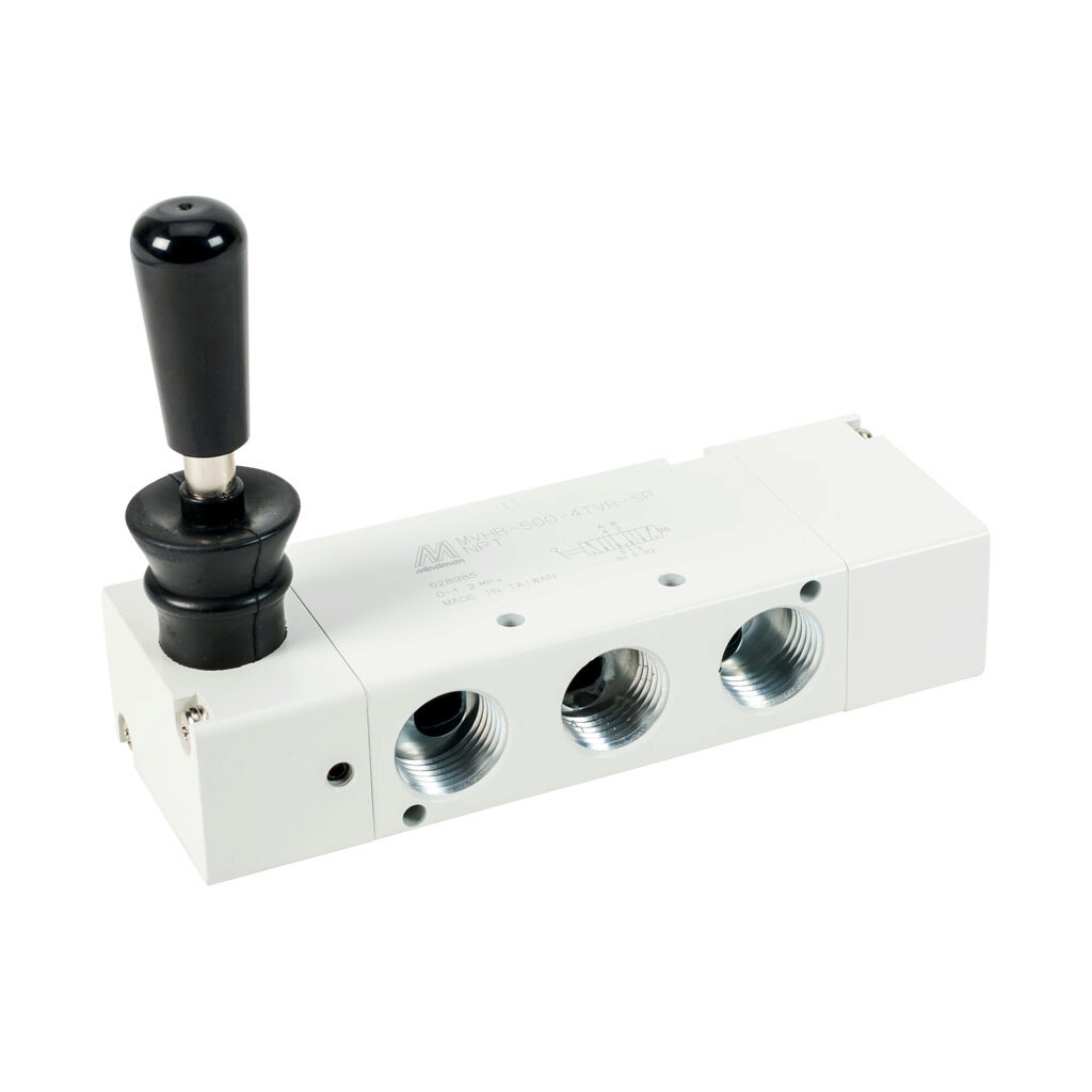 106150019164002 - Mindman pneumatic manual valve, 5-port (4-way), 3-position, center exhaust, 90 deg hand lever, spring return to center from right or left, 1/2in female NPT inlet(s), (2) 1/2in female NPT outlet(s), (2) 1/2in female NPT exhaust(s)...