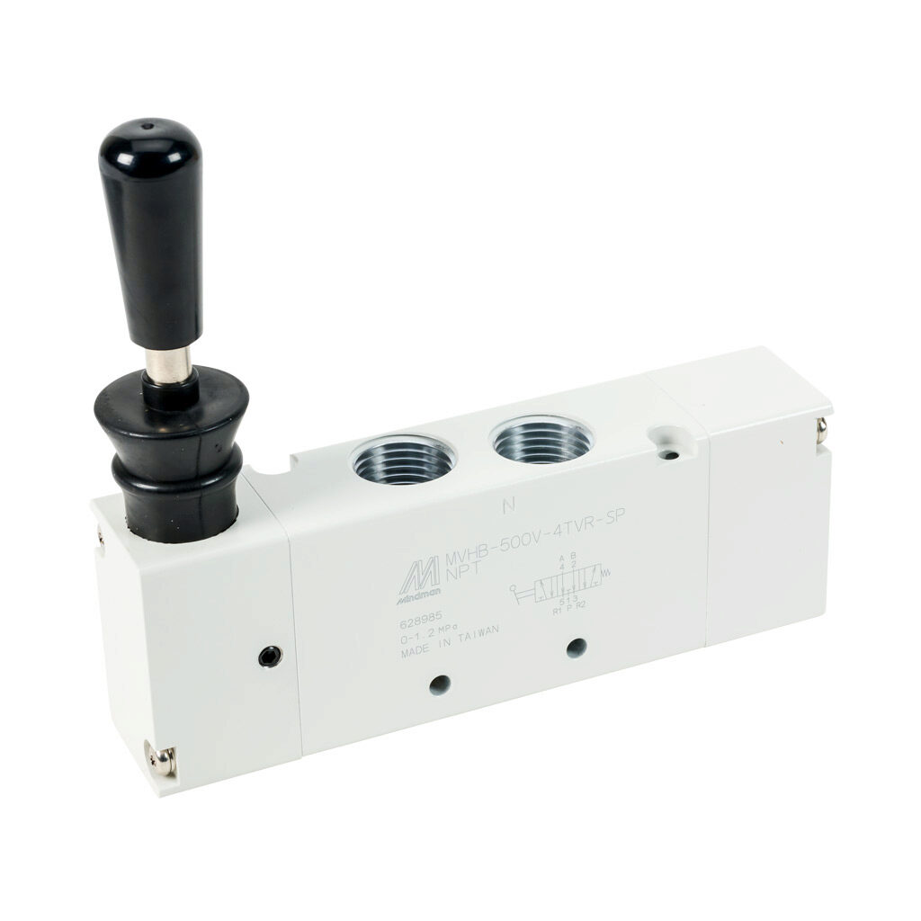 106150019164003 - Mindman pneumatic manual valve, 5-port (4-way), 3-position, center exhaust, vertical hand lever, spring return to center from right or left, 1/2in female NPT inlet(s), (2) 1/2in female NPT outlet(s), (2) 1/2in female NPT exhaust(...