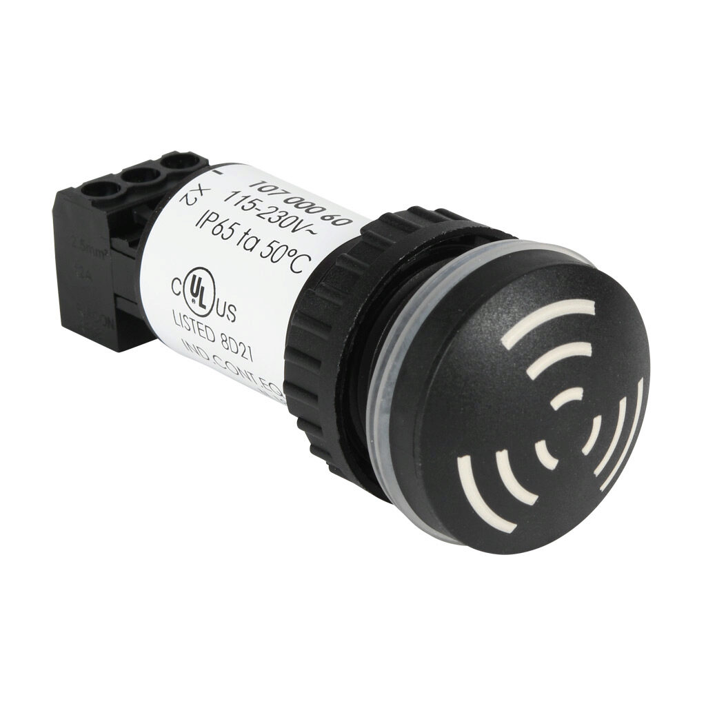 10700060 - WERMA audible alarm buzzer, 80 dB at 10cm, 2.4 kHz tone frequency, continuous tone(s), 115-230 VAC, 22mm, panel mount, glass fiber reinforced polyamide housing, black, IP65.