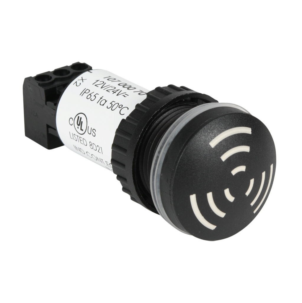 10700070 - WERMA audible alarm buzzer, 80 dB at 10cm, 2.4 kHz tone frequency, continuous tone(s), 12/24 VAC/VDC, 22mm, panel mount, glass fiber reinforced polyamide housing, black, IP65.