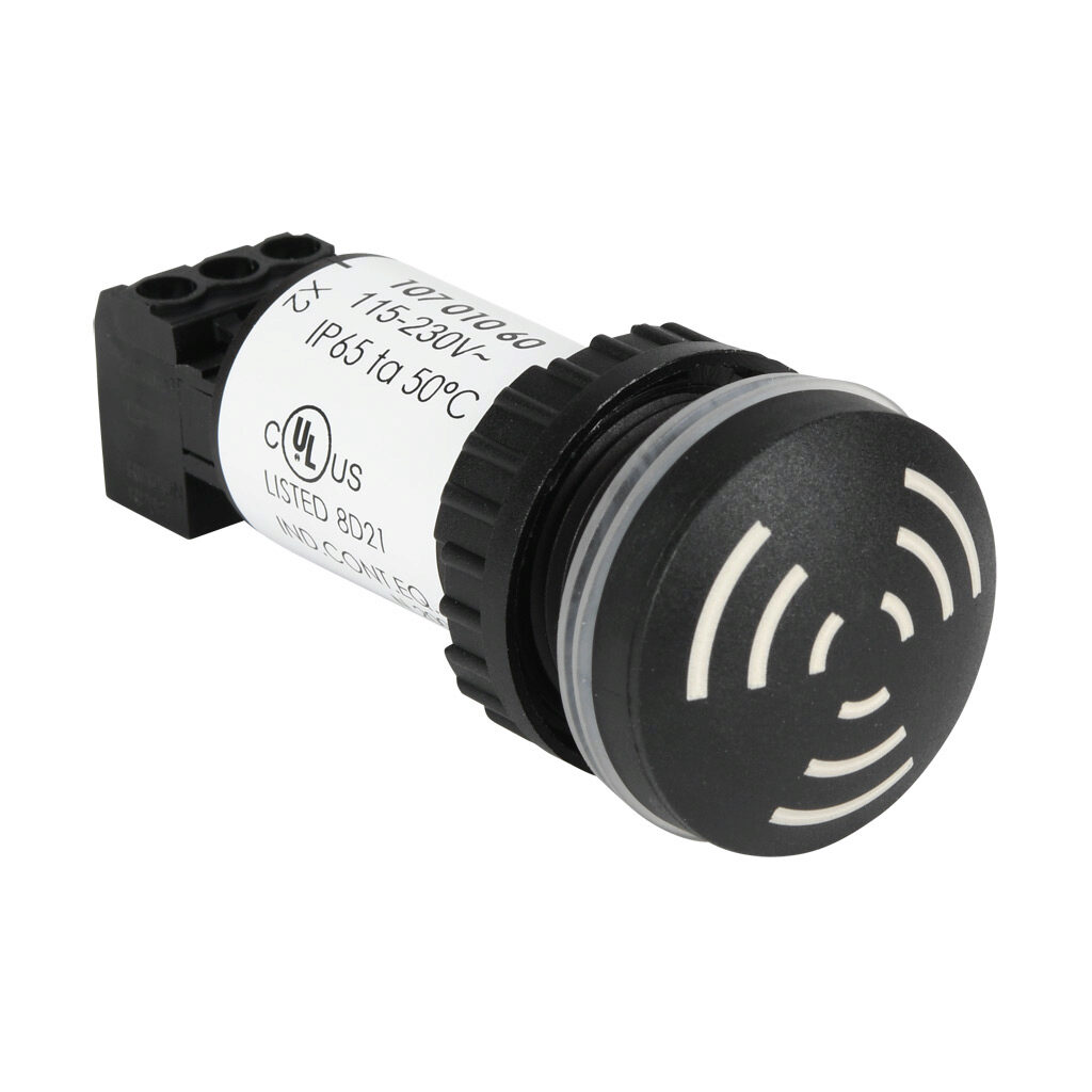 10701060 - WERMA audible alarm buzzer, 80 dB at 10cm, 2.4 kHz tone frequency, pulse tone(s), 115-230 VAC, 22mm, panel mount, glass fiber reinforced polyamide housing, black, IP65.