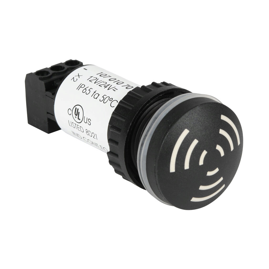 10701070 - WERMA audible alarm buzzer, 80 dB at 10cm, 2.4 kHz tone frequency, pulse tone(s), 12/24 VAC/VDC, 22mm, panel mount, glass fiber reinforced polyamide housing, black, IP65.