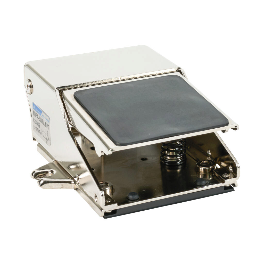 107023003044001 - Mindman manual valve, non-locking foot pedal, single, 3-port (3-way), 2-position, N.C., spring return, 1/4in female NPT inlet(s), 1/4in female NPT outlet(s), 1/4in female NPT exhaust(s), Cv=0.44.