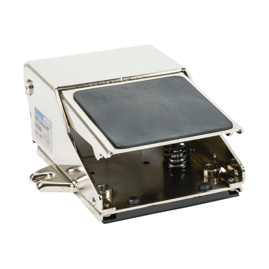 107024000044001 - Mindman manual valve, non-locking foot pedal, single, 4-port (4-way), 2-position, spring return, 1/4in female NPT inlet(s), (2) 1/4in female NPT outlet(s), 1/4in female NPT exhaust(s), Cv=0.44.